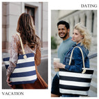Striped Canvas Tote Beach Bag - Large Capacity Shoulder Shopping Bag for Women