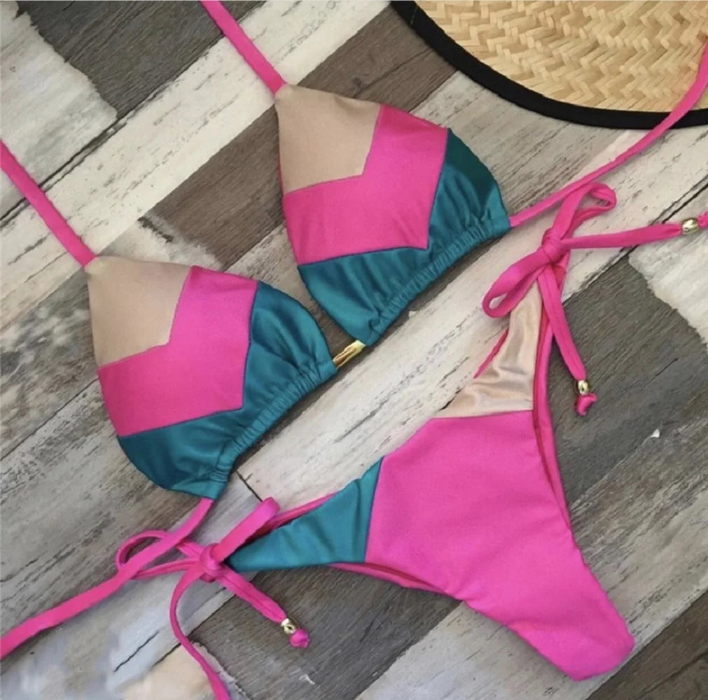 Bikini Sexy Multicolore Push-Up Femme - Maillot de Bain Côtelé Brésilien Deux Pièces