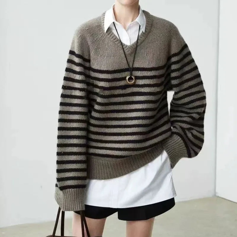 Pull Col V 100% Laine Rayé Premium Femme — Oversize, Manches Longues, Automne/Hiver