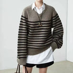 Pull Col V 100% Laine Rayé Premium Femme — Oversize, Manches Longues, Automne/Hiver