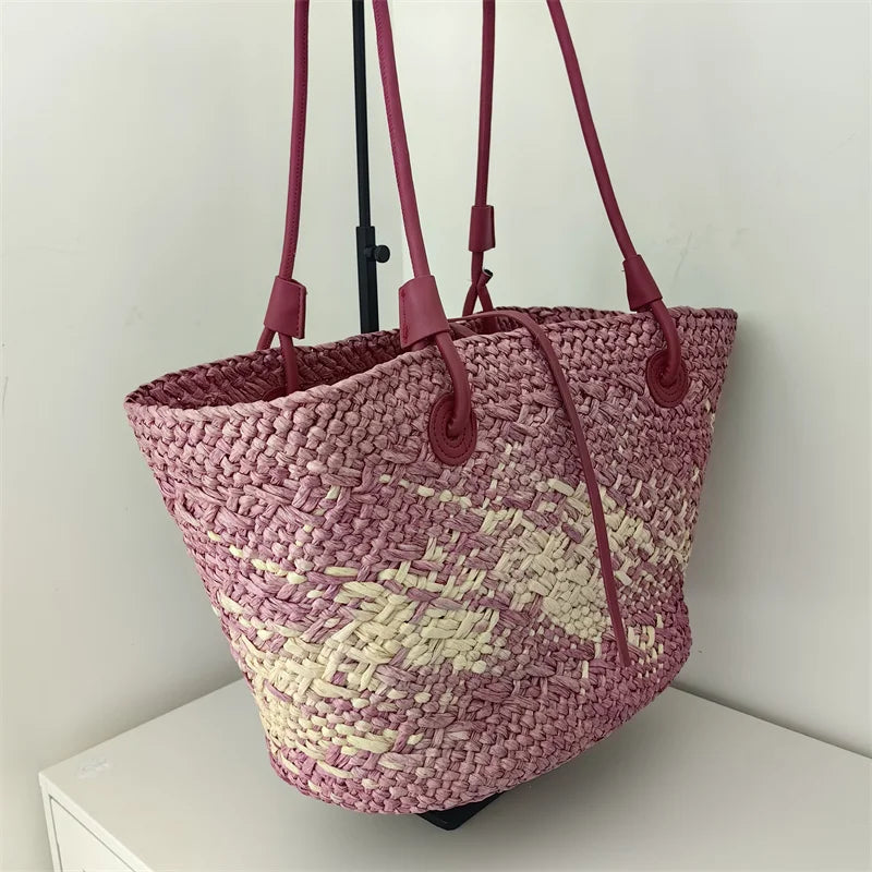 Sac de Plage Paille Tressé Main - Grande Capacité Dégradé Voyage Femme
