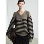 Pull Col V 100% Laine Rayé Premium Femme — Oversize, Manches Longues, Automne/Hiver