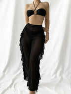 Conjunto de bikini y pareo para mujer con escote halter cruzado - Traje de baño tipo bandeau con pantalones con volantes