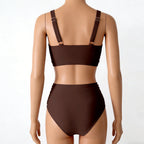 Bikini sexy de cintura alta con fruncido frontal y detalle retorcido para mujer - Traje de baño de dos piezas que estiliza la figura para la playa en verano.