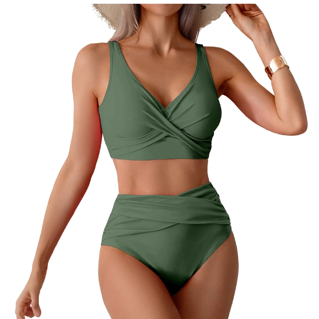 Bikini Femme Taille Haute Sexy Twist Front Froncé - Maillot de Bain Deux Pièces Amincissant Plage Été