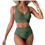 Bikini sexy de cintura alta con fruncido frontal y detalle retorcido para mujer - Traje de baño de dos piezas que estiliza la figura para la playa en verano.