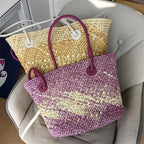 Hand-woven straw beach bag - Large capacity gradient travel bag for women