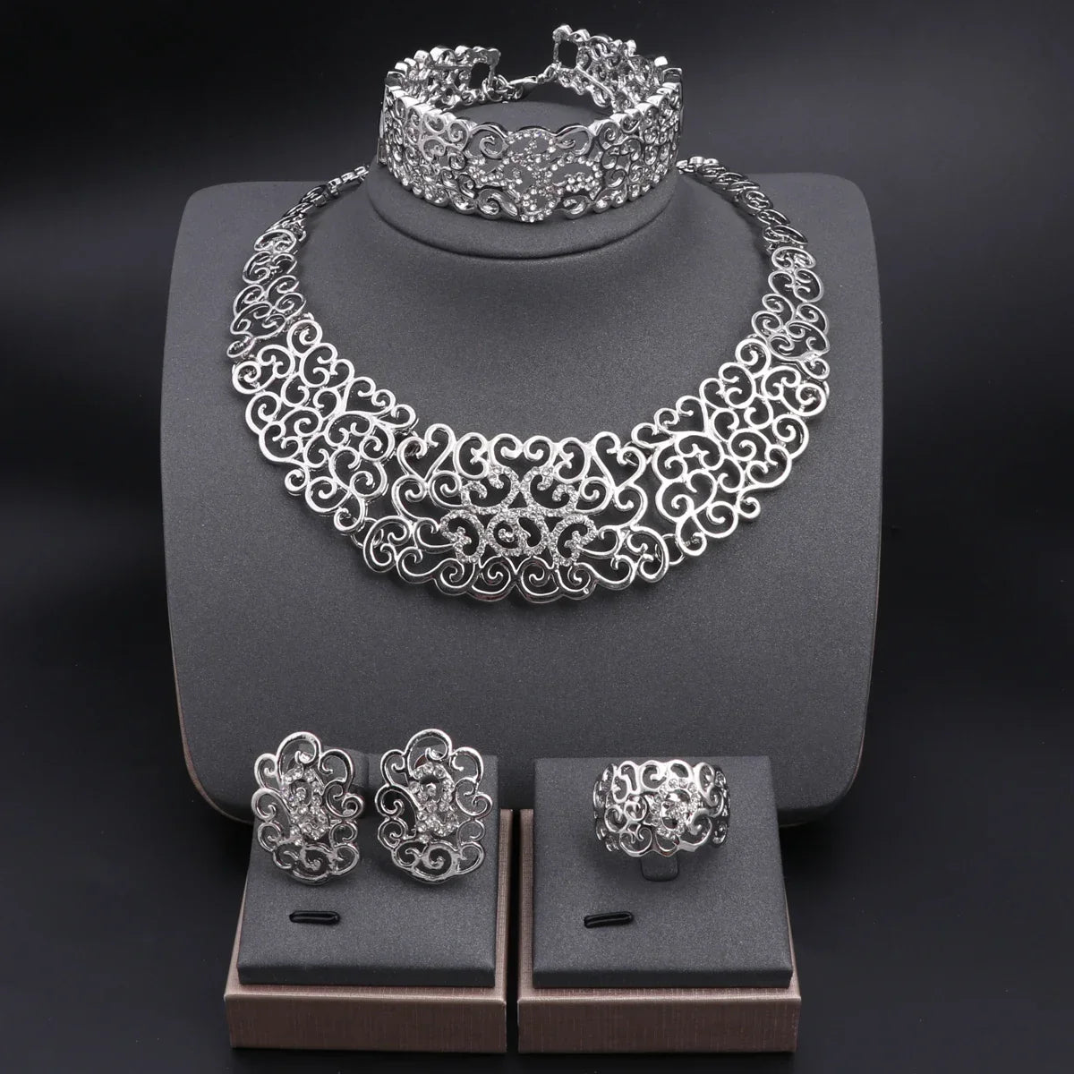 Women's Silver-Plated 4-Piece Jewelry Set — Necklace + Earrings + Ring + Bracelet with Crystals