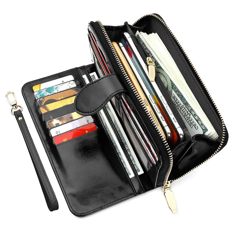 Glossy Waxed Leather Wallet — Long Clutch with FuturaTrend Wrist Strap