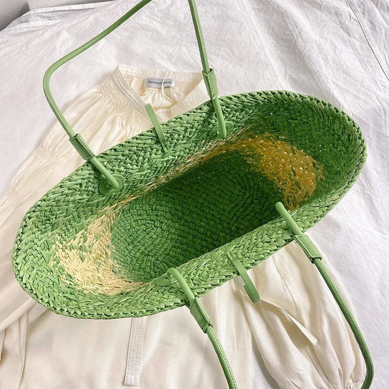 Sac de Plage Paille Tressé Main - Grande Capacité Dégradé Voyage Femme