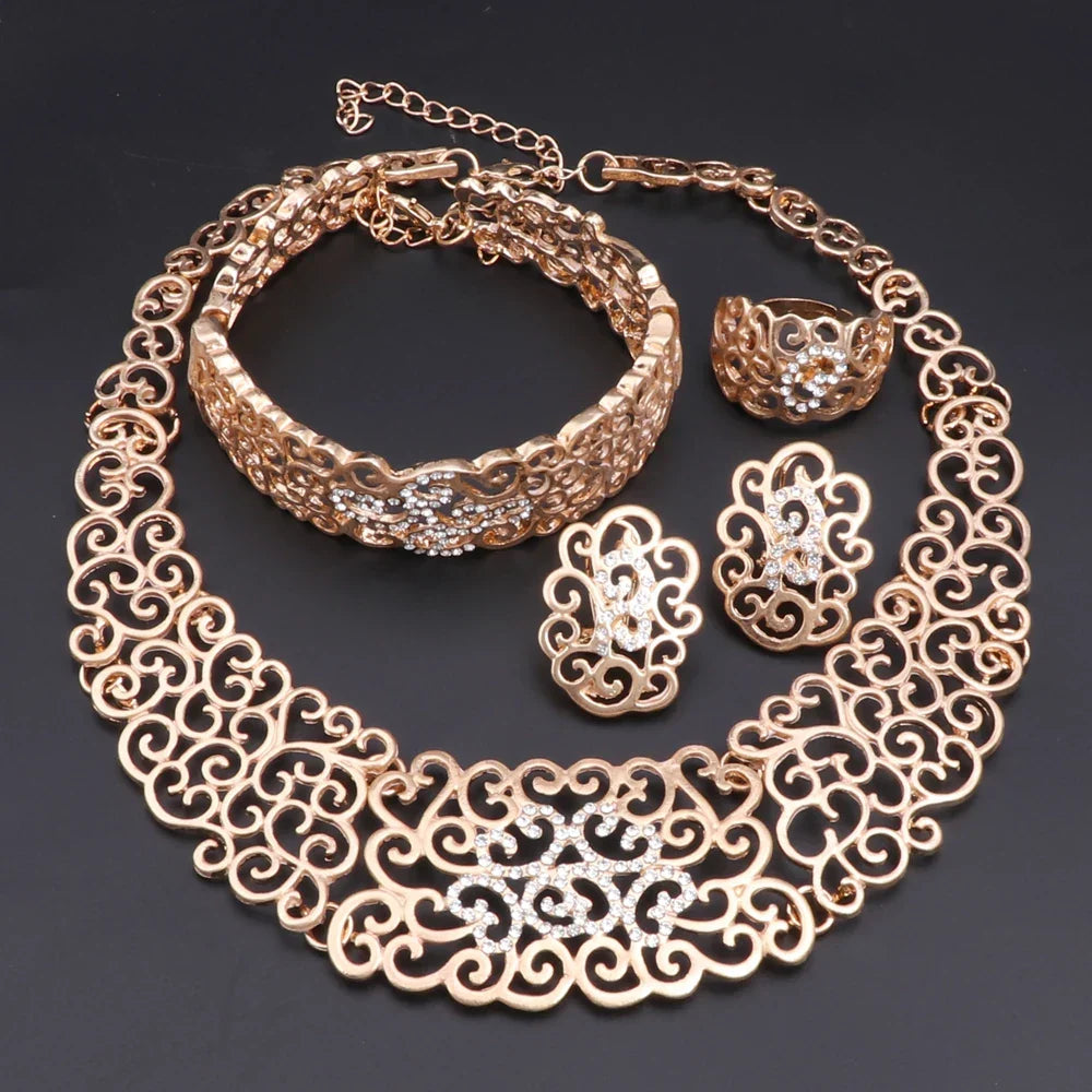 Women's Gold-Plated 4-Piece Jewelry Set — Necklace + Earrings + Ring + 18K Gold Plated Bracelet