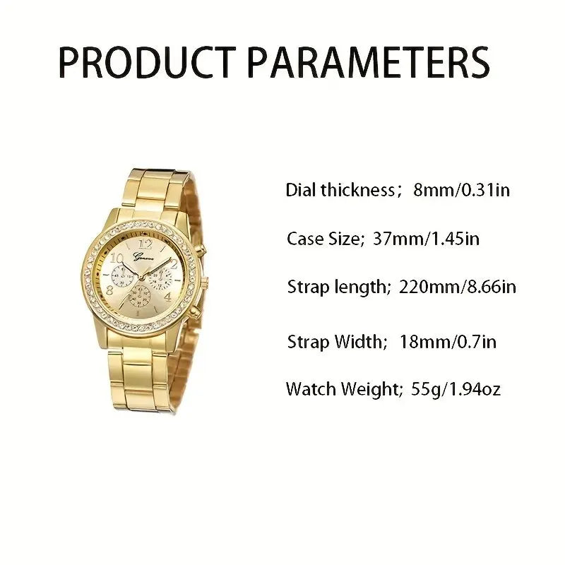 Coffret Bijoux Montre Femme Dorée 5 Pièces — Montre Quartz + Bague + Collier + Boucles d'Oreilles