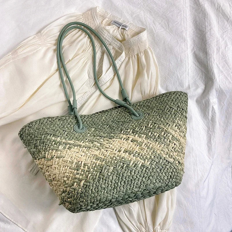 Sac de Plage Paille Tressé Main - Grande Capacité Dégradé Voyage Femme