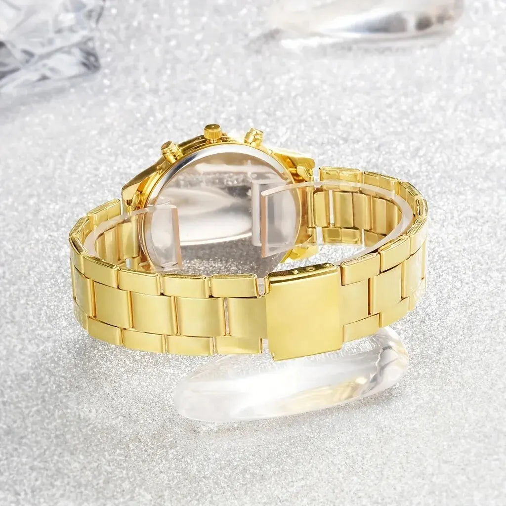 Coffret Bijoux Montre Femme Dorée 5 Pièces — Montre Quartz + Bague + Collier + Boucles d'Oreilles