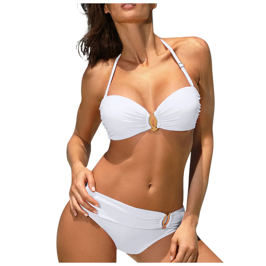 Bikini Femme Sexy Dos Nu Couleur Unie - Maillot de Bain Deux Pièces Col Halter Taille Basse Plage