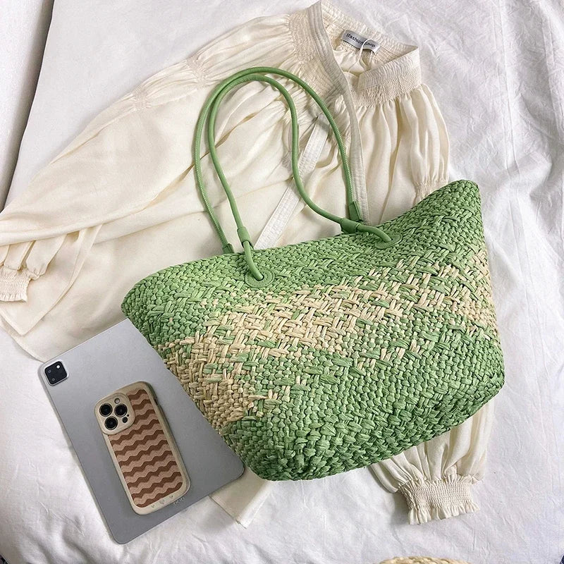 Sac de Plage Paille Tressé Main - Grande Capacité Dégradé Voyage Femme