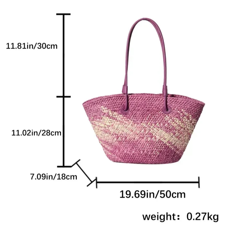 Sac de Plage Paille Tressé Main - Grande Capacité Dégradé Voyage Femme