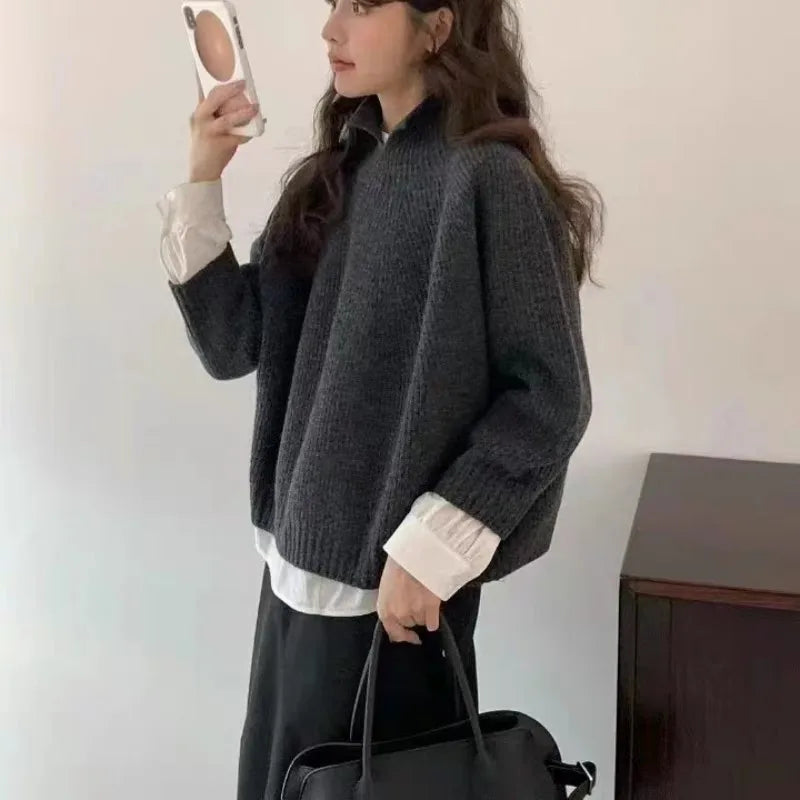 Women's 100% Cashmere Turtleneck Sweater — 3/4 Sleeves, Loose Fit, Autumn/Winter