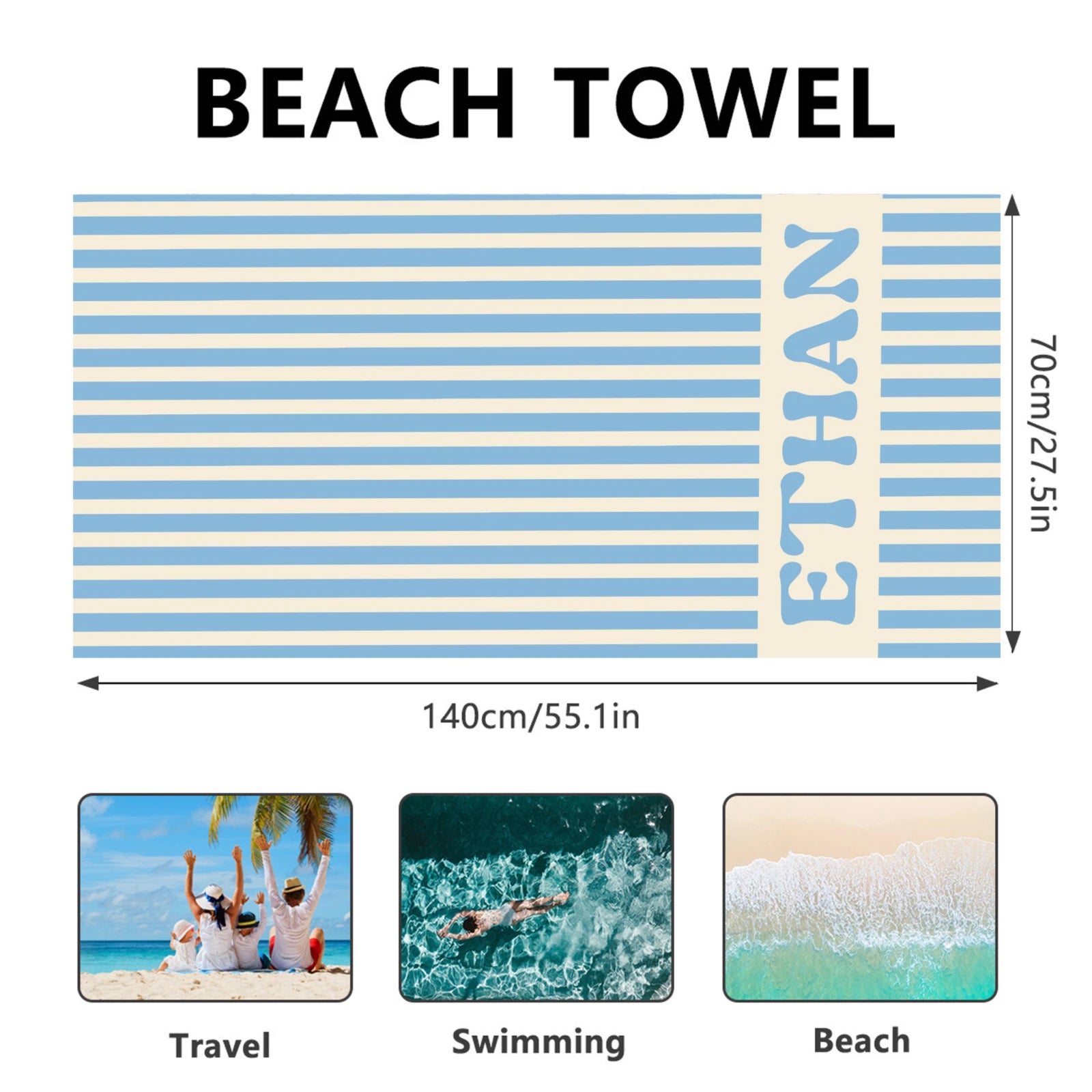 Serviette de Plage Personnalisée Prénom Rayée Microfibre - Absorbante Anti-Sable Cadeau