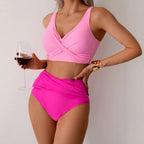 Bikini de mujer de talle alto, sexy, con detalle fruncido en la parte delantera y diseño retorcido - Traje de baño de playa de dos piezas que estiliza la figura.