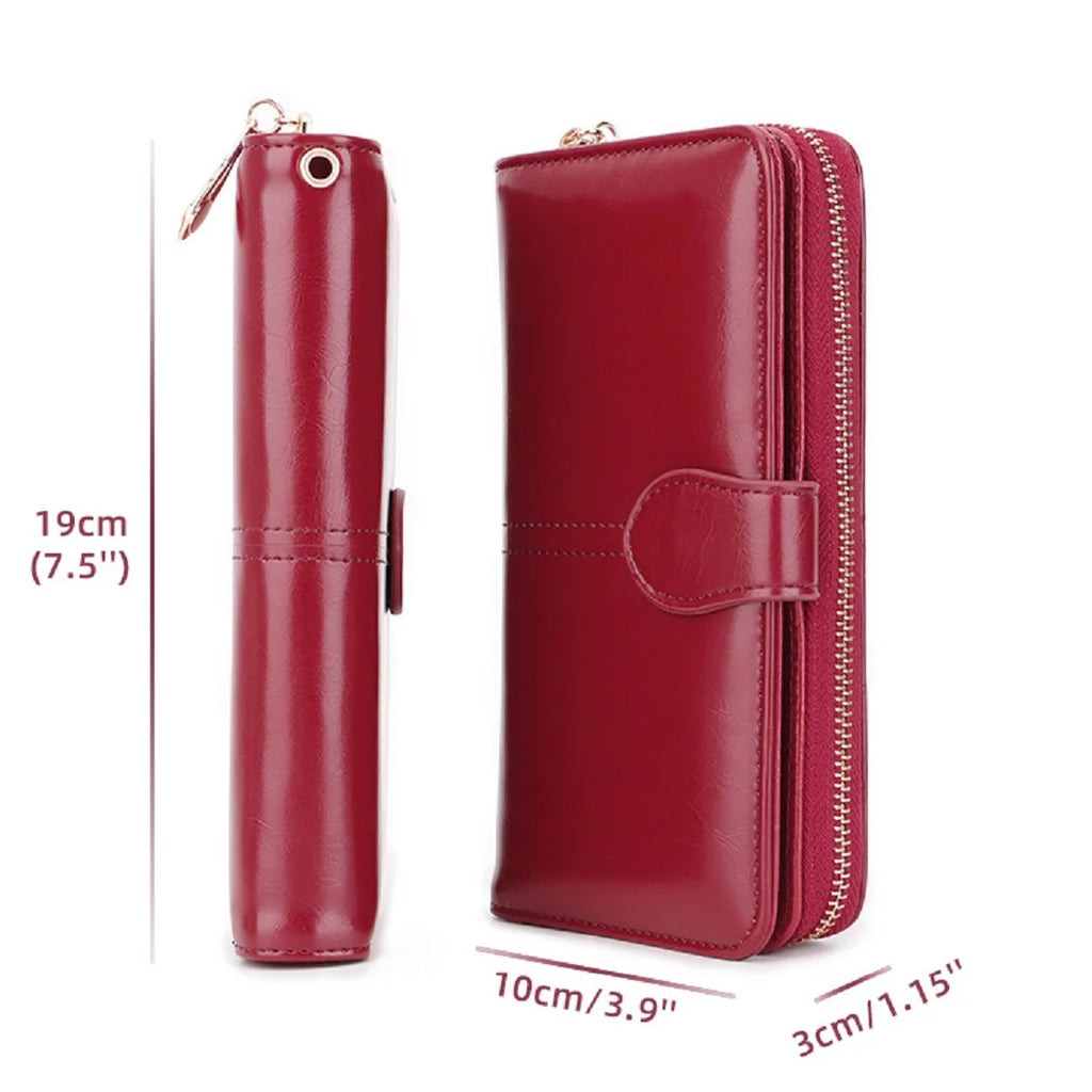 Glossy Waxed Leather Wallet — Long Clutch with FuturaTrend Wrist Strap