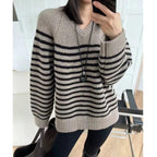 Pull Col V 100% Laine Rayé Premium Femme — Oversize, Manches Longues, Automne/Hiver