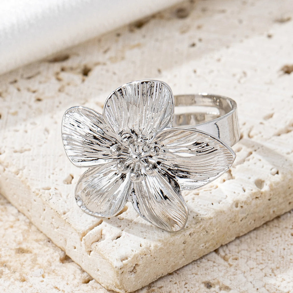 Bague Fleur Métal Ajustable - Design Ouvert Élégant Quotidien