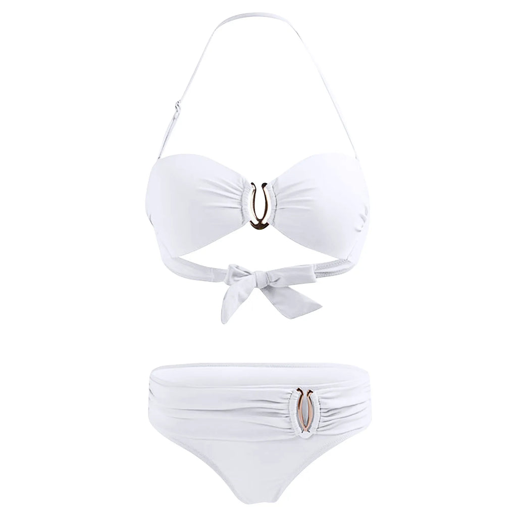 Bikini Femme Sexy Dos Nu Couleur Unie - Maillot de Bain Deux Pièces Col Halter Taille Basse Plage