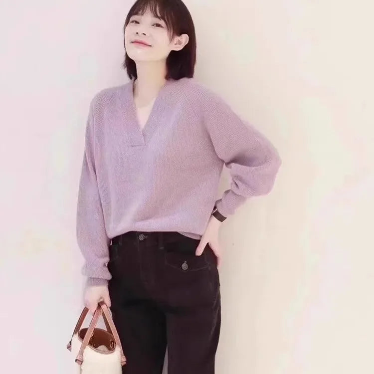 Jersey de pico 100% cachemir para mujer — Corto, Holgado, de punto, Otoño/Invierno