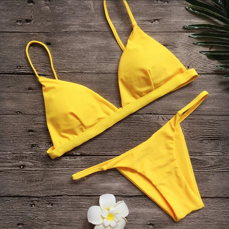 Bikini Femme Couleur Unie Deux Pièces - Maillot de Bain Taille Basse Ajustable