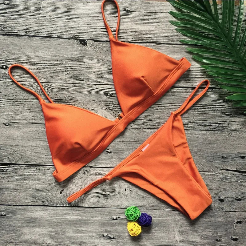 Bikini Femme Couleur Unie Deux Pièces - Maillot de Bain Taille Basse Ajustable
