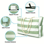 Sac de Plage Tote Rayé Imperméable - Anti-Sable Pliable Grande Capacité