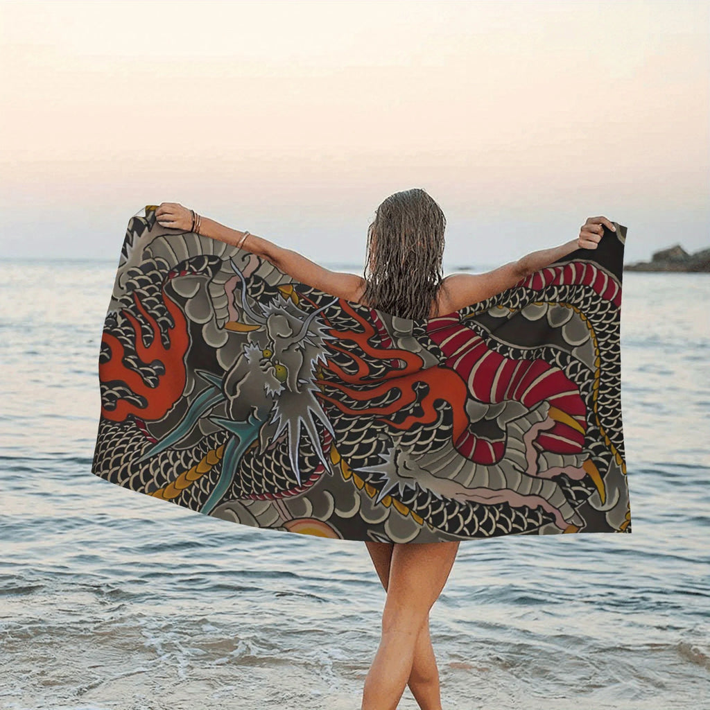 Serviette de Plage Dragon Japonais Microfibre - Séchage Rapide Anti-Sable Piscine Voyage