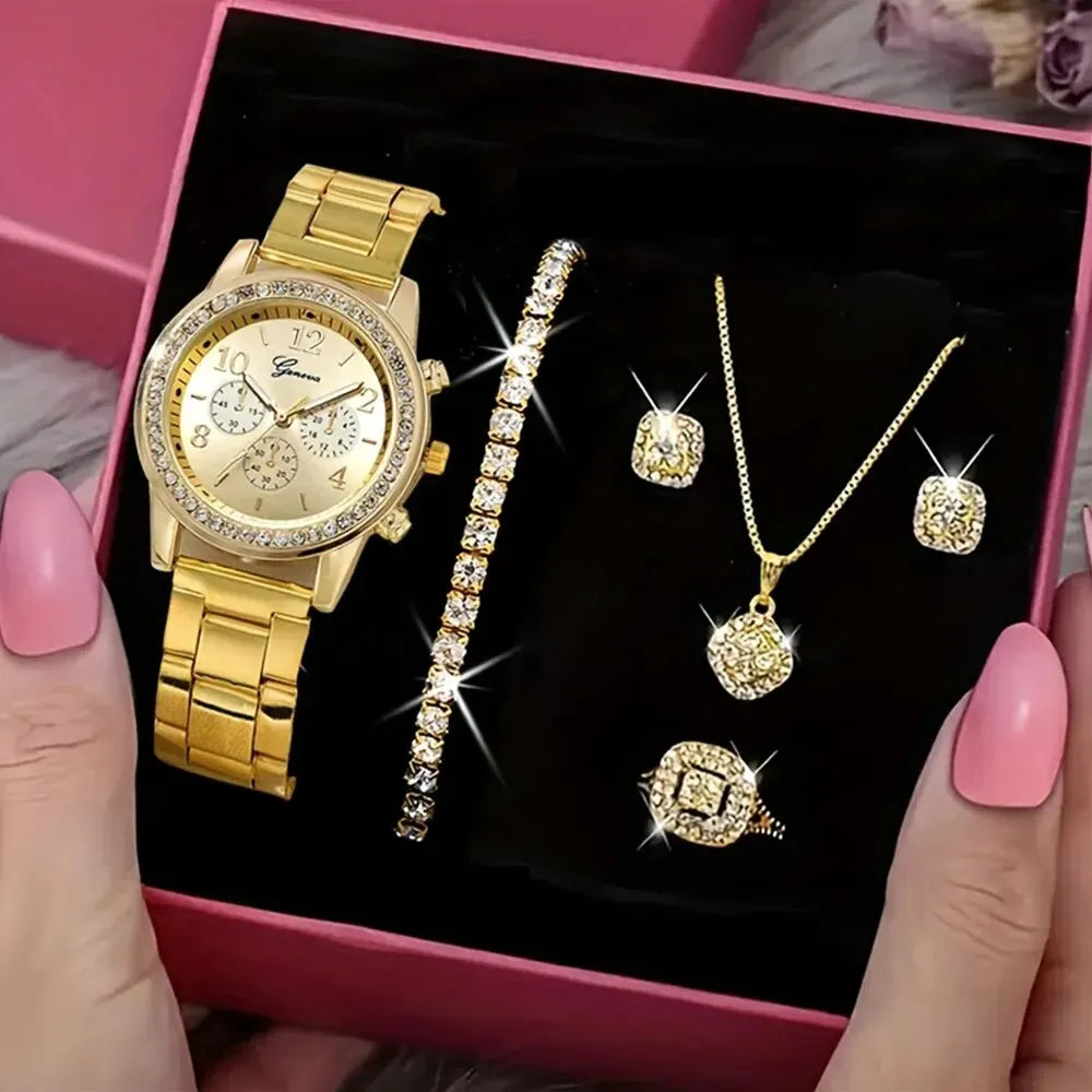 Coffret Bijoux Montre Femme Dorée 5 Pièces — Montre Quartz + Bague + Collier + Boucles d'Oreilles
