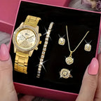 Coffret Bijoux Montre Femme Dorée 5 Pièces — Montre Quartz + Bague + Collier + Boucles d'Oreilles