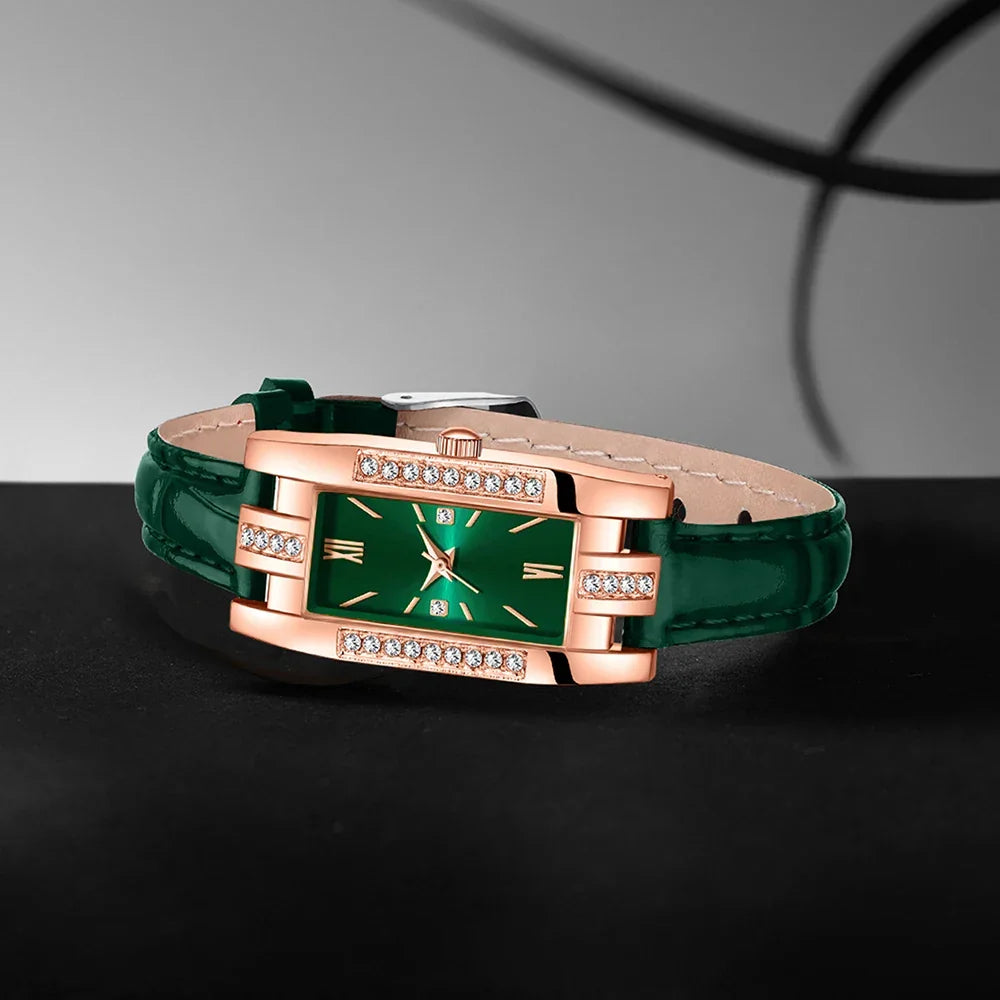 Coffret Bijoux Montre Femme Verte 9 Pièces — Montre Quartz Rectangulaire + Bracelet + Collier + Boucles d'Oreilles