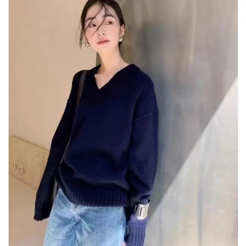 Women's V-Neck Sweater 100% Pure Wool — Oversized, Long Sleeves, Fall/Winter