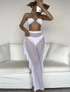 Conjunto de bikini y pareo para mujer con escote halter cruzado - Traje de baño tipo bandeau con pantalones con volantes