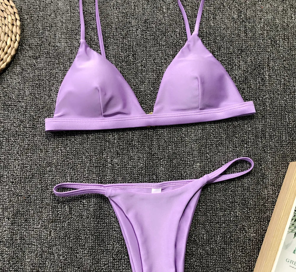 Bikini Femme Couleur Unie Deux Pièces - Maillot de Bain Taille Basse Ajustable