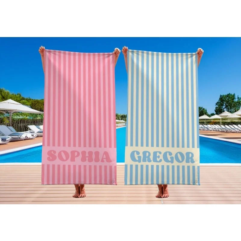 Serviette de Plage Personnalisée Prénom Rayée Microfibre - Absorbante Anti-Sable Cadeau