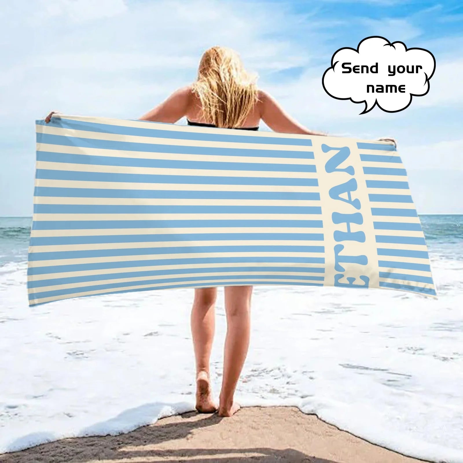 Serviette de Plage Personnalisée Prénom Rayée Microfibre - Absorbante Anti-Sable Cadeau