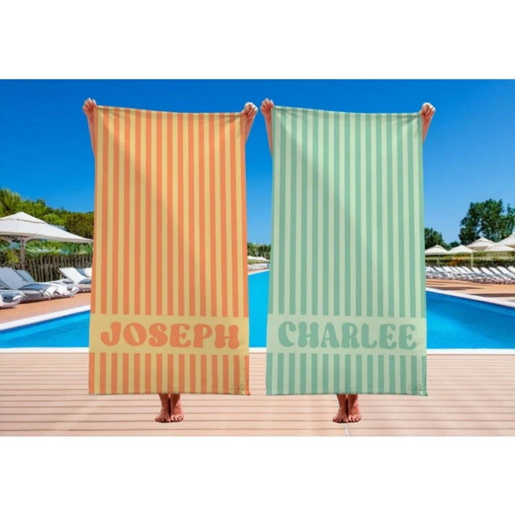 Serviette de Plage Personnalisée Prénom Rayée Microfibre - Absorbante Anti-Sable Cadeau