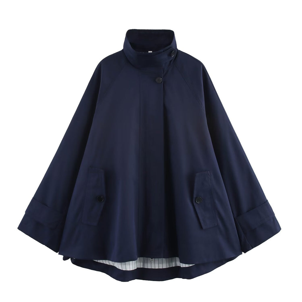 Women's Midnight Blue Cape Streetwear Coat – Avant-Garde Urban Style | FuturaTrend