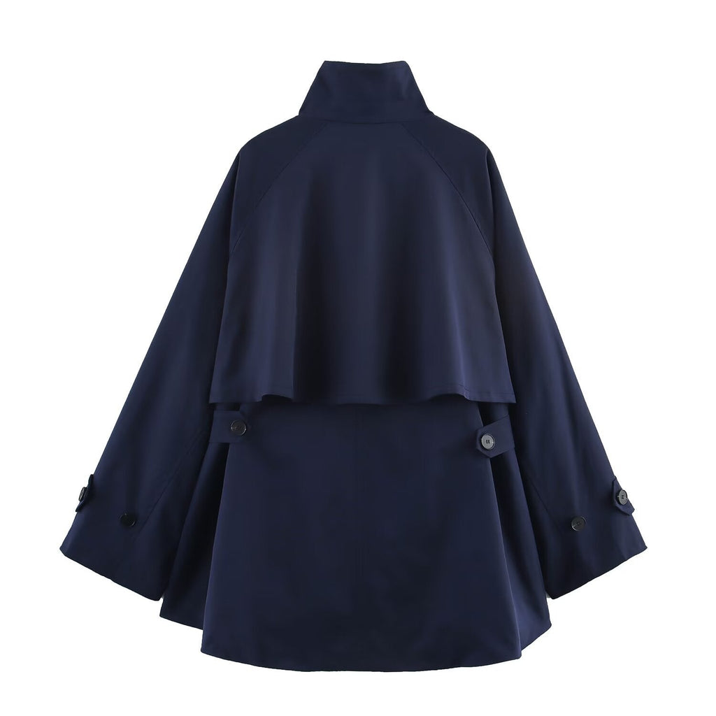 Women's Midnight Blue Cape Streetwear Coat – Avant-Garde Urban Style | FuturaTrend