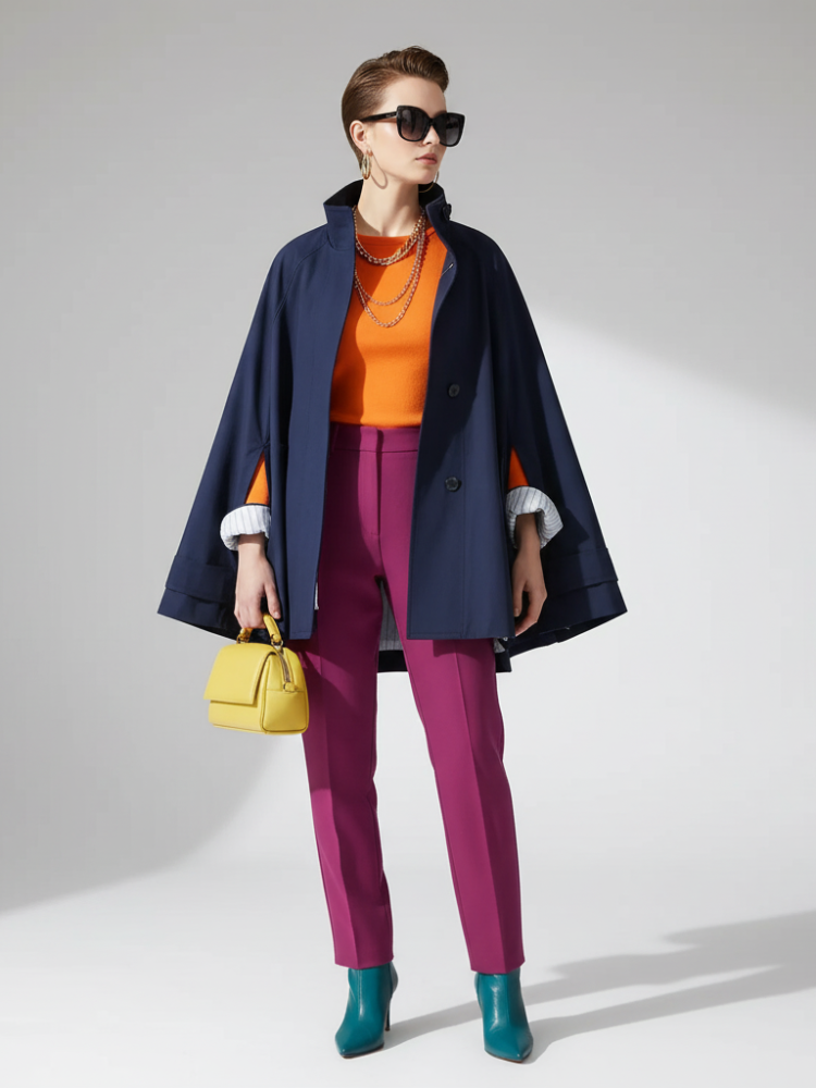 Women's Midnight Blue Cape Streetwear Coat – Avant-Garde Urban Style | FuturaTrend
