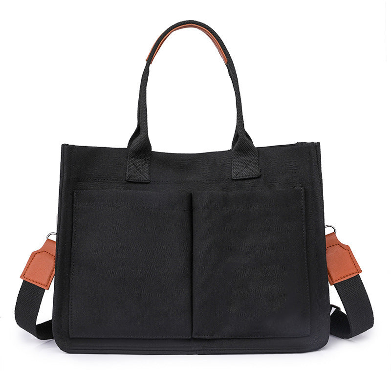 Sac Cabas Toile Femme Noir — Cartable Tote Bag Grande Capacité 34x25x17 cm