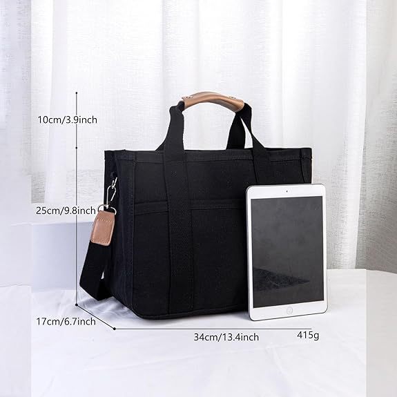Sac Cabas Toile Femme Noir — Cartable Tote Bag Grande Capacité 34x25x17 cm