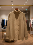 Women's Turtleneck Cable Knit Oversize Khaki Sweater – Luxury Winter Central Park New York Style