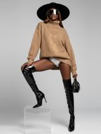 Women's Turtleneck Cable Knit Oversize Khaki Sweater – Luxury Winter Central Park New York Style