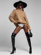 Women's Turtleneck Cable Knit Oversize Khaki Sweater – Luxury Winter Central Park New York Style